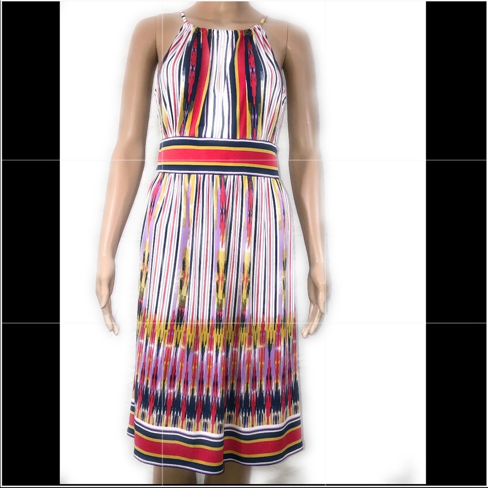 London Times Dress Sz 6 Multi Stripe High Neck Keyhole Slit